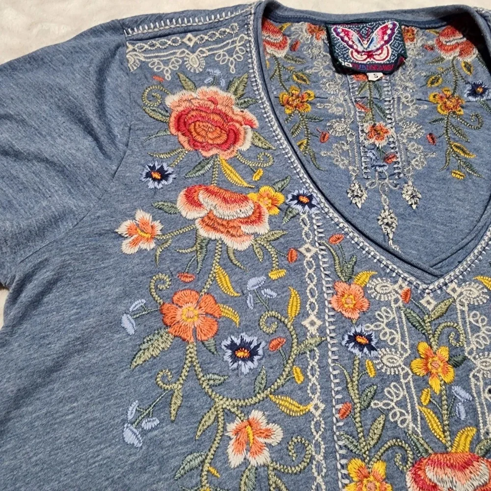 Johnny Was Women's Drape embroidered tunic dress Size S Blue Bohemian Beachy
